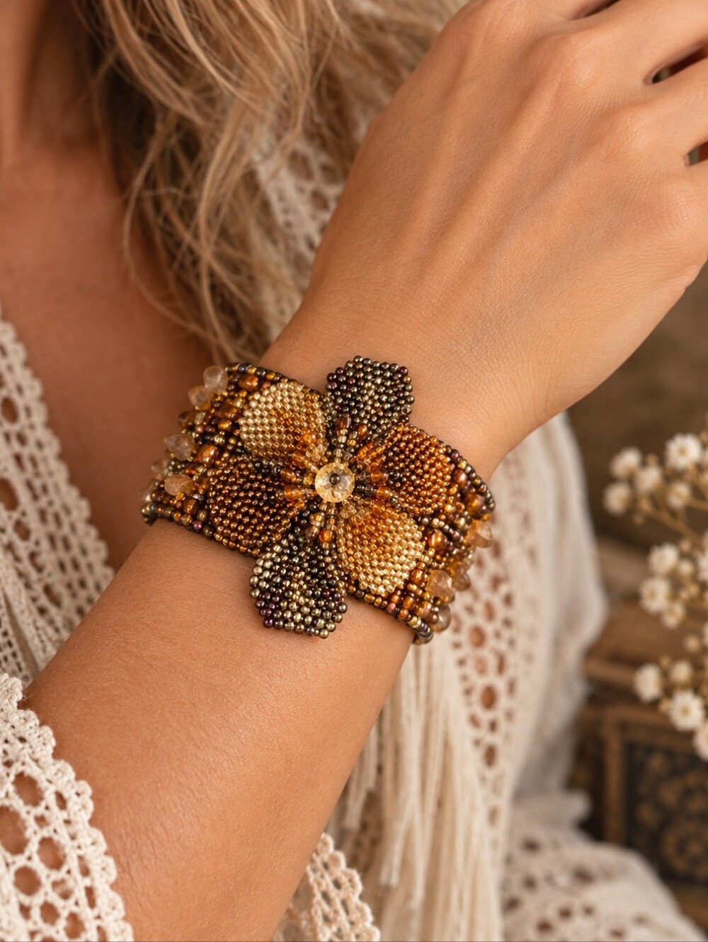 Artisan Boho Beaded Gemstone Chip Flower Cuff Bracelet – Statement Jewelry